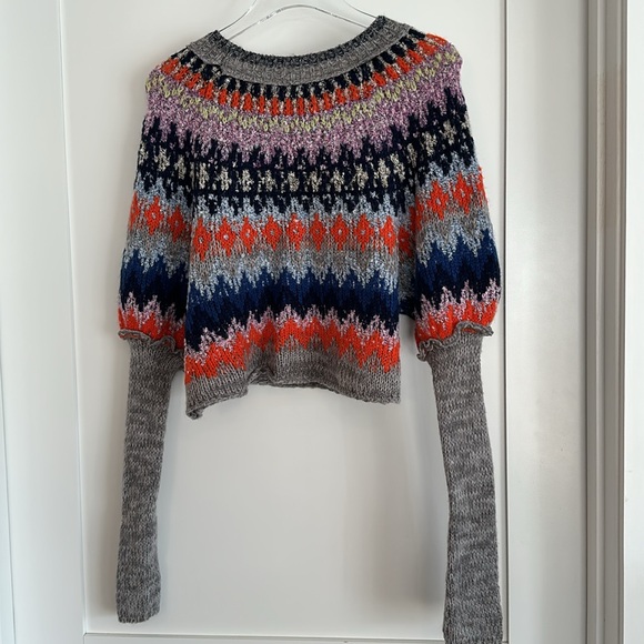 Free People Home For The Holidays Cropped Sweater Gray Combo SIZE XS EUC - Picture 4 of 6